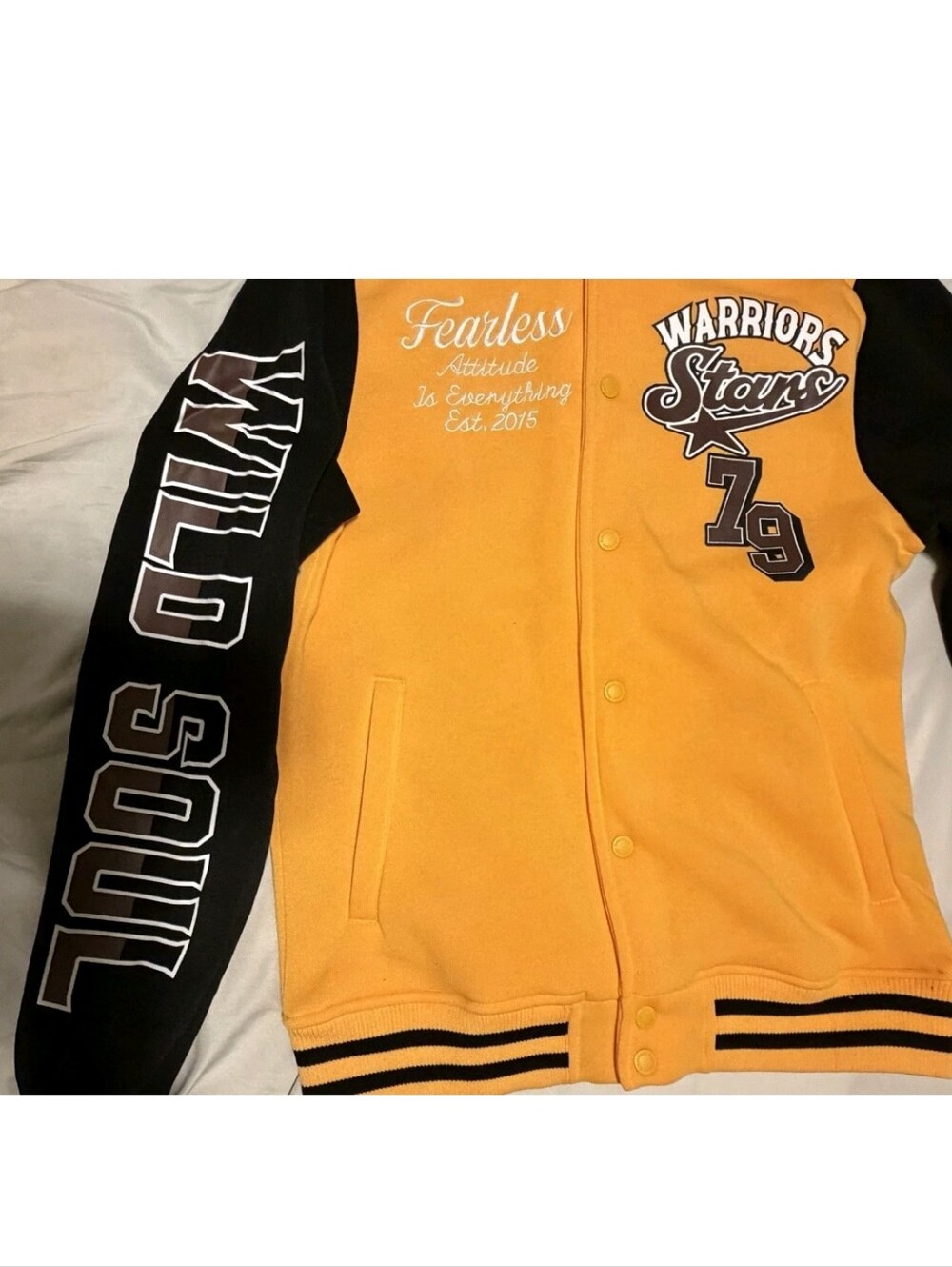 Rebel Minds Men's Gold/Black Colorblock Hooded Snap Varsity Jacket Logo NWT